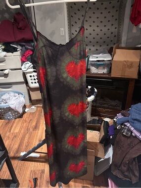 omighty Black Slip Midi Dress with Red Heart Tie-Dye